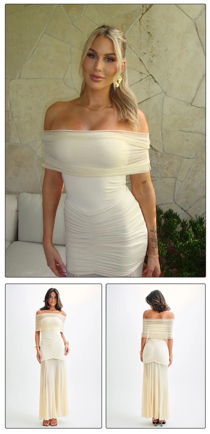 VC Elegant Off-Shoulder Maxi Dress with Body-Hugging Fit and Sheer Fabric for Coastal Occasions Evening Gown