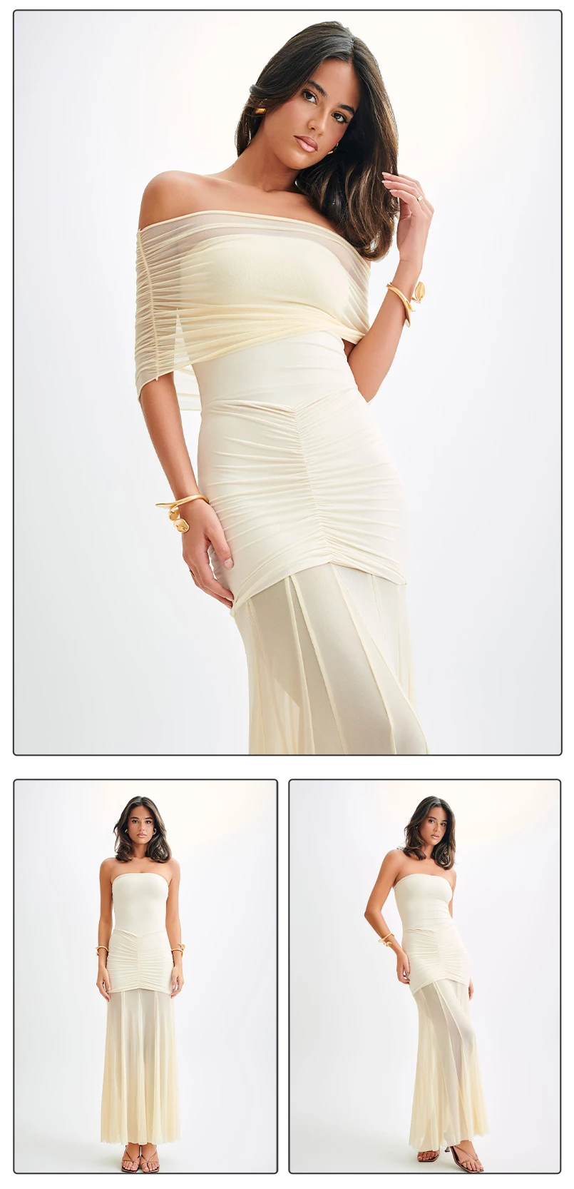 VC Elegant Off-Shoulder Maxi Dress with Body-Hugging Fit and Sheer Fabric for Coastal Occasions Evening Gown