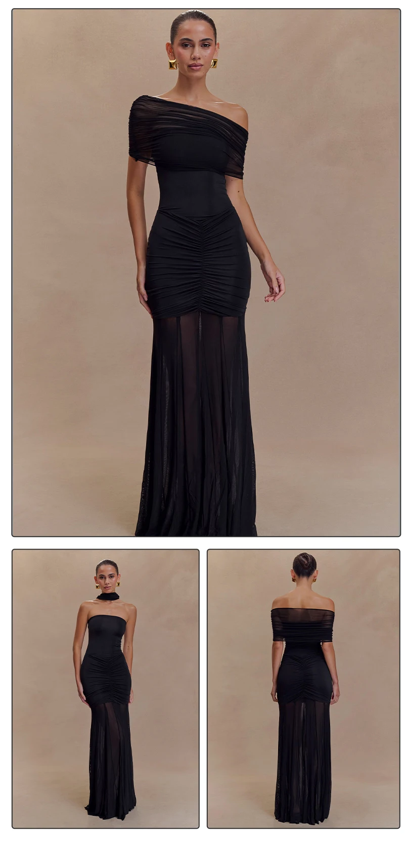 VC Elegant Off-Shoulder Maxi Dress with Body-Hugging Fit and Sheer Fabric for Coastal Occasions Evening Gown