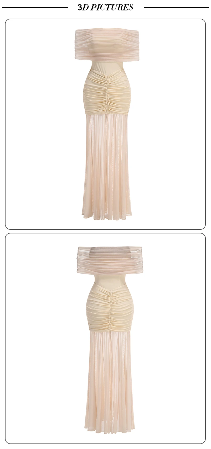 VC Elegant Off-Shoulder Maxi Dress with Body-Hugging Fit and Sheer Fabric for Coastal Occasions Evening Gown