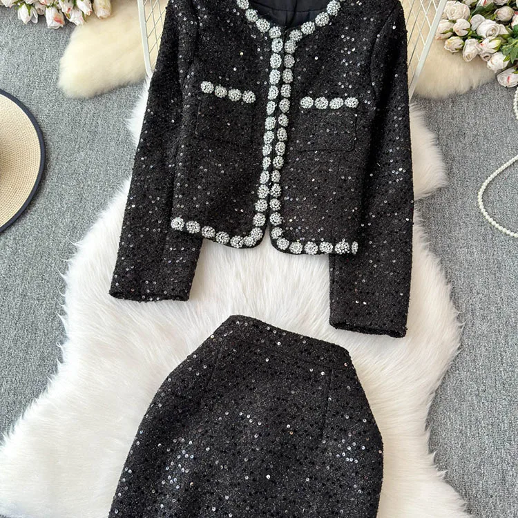 Blazer Suits Mini Skirts Sets Women Plaid Short Two Piece Set Autumn Pink White Slim Tweed Jacket Half Skirt Female Two-piece