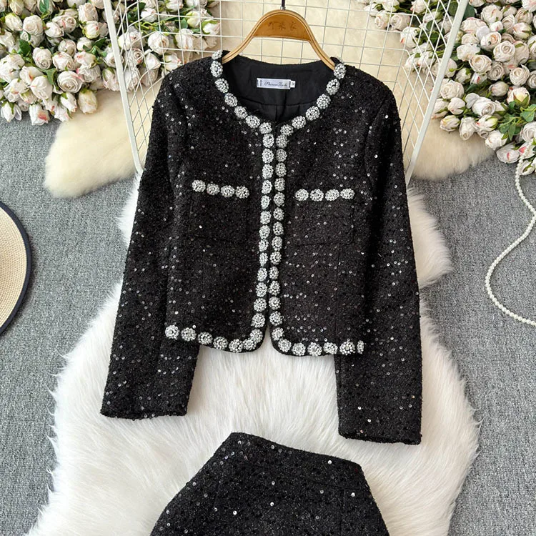 Blazer Suits Mini Skirts Sets Women Plaid Short Two Piece Set Autumn Pink White Slim Tweed Jacket Half Skirt Female Two-piece