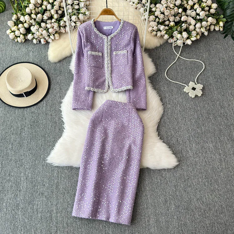 Blazer Suits Mini Skirts Sets Women Plaid Short Two Piece Set Autumn Pink White Slim Tweed Jacket Half Skirt Female Two-piece