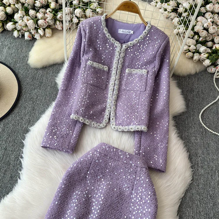 Blazer Suits Mini Skirts Sets Women Plaid Short Two Piece Set Autumn Pink White Slim Tweed Jacket Half Skirt Female Two-piece
