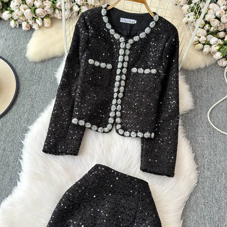 Blazer Suits Mini Skirts Sets Women Plaid Short Two Piece Set Autumn Pink White Slim Tweed Jacket Half Skirt Female Two-piece