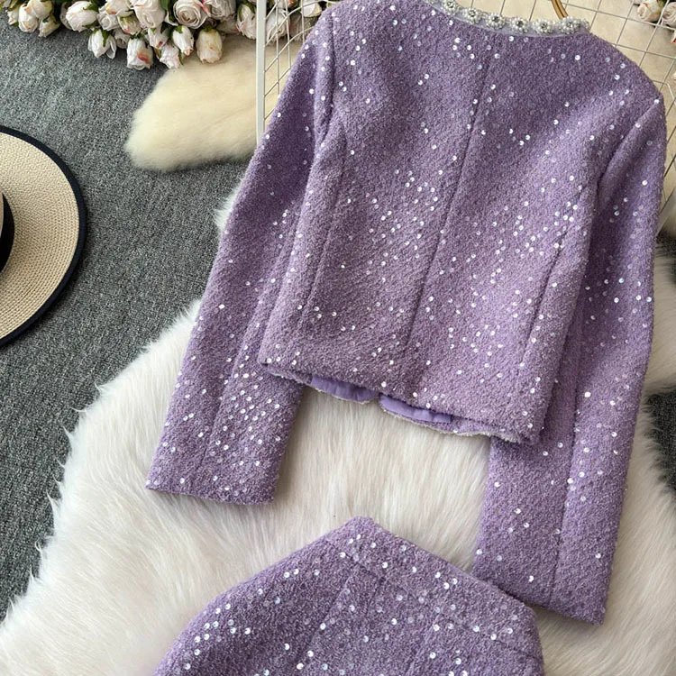 Blazer Suits Mini Skirts Sets Women Plaid Short Two Piece Set Autumn Pink White Slim Tweed Jacket Half Skirt Female Two-piece