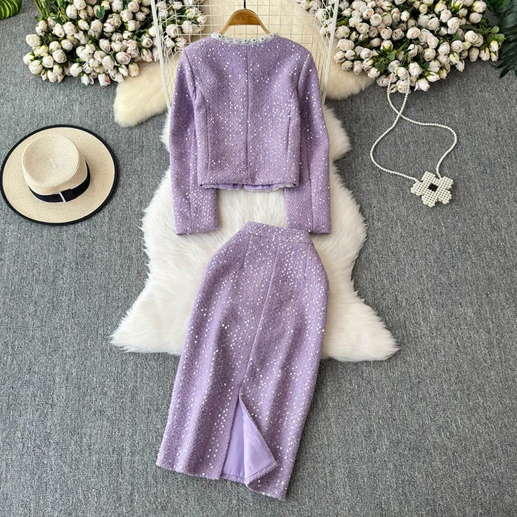 Blazer Suits Mini Skirts Sets Women Plaid Short Two Piece Set Autumn Pink White Slim Tweed Jacket Half Skirt Female Two-piece