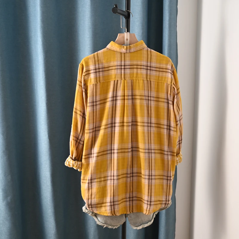 New Spring Cotton Long Sleeve Shirt, Women Lapel Embroidery Plaid Tops, Mori Girl Retro Casual Oversize Blouse, 2025 T4D717CC