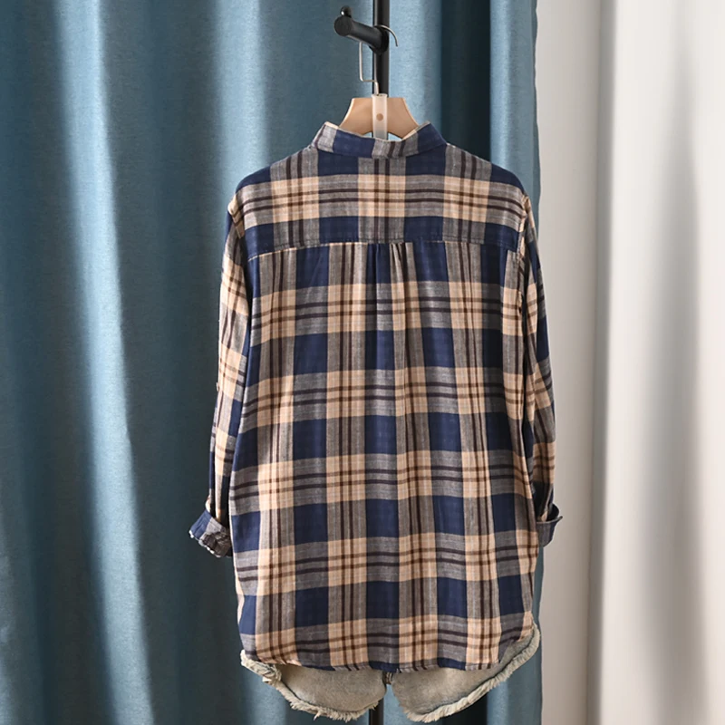 New Spring Cotton Long Sleeve Shirt, Women Lapel Embroidery Plaid Tops, Mori Girl Retro Casual Oversize Blouse, 2025 T4D717CC