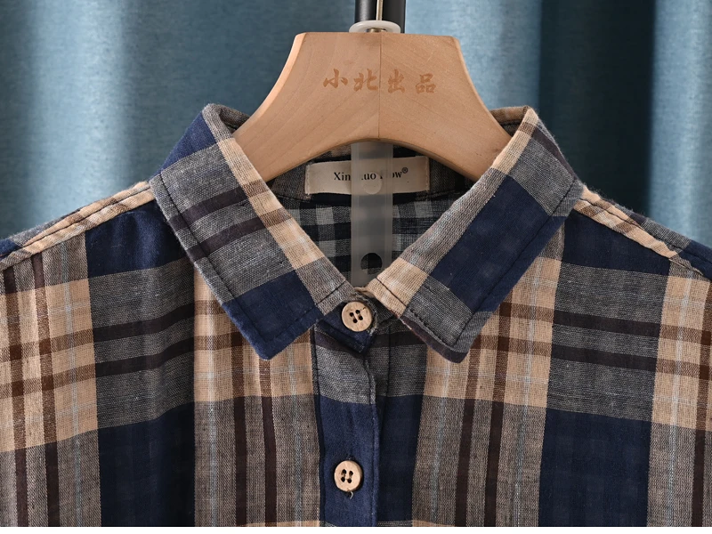 New Spring Cotton Long Sleeve Shirt, Women Lapel Embroidery Plaid Tops, Mori Girl Retro Casual Oversize Blouse, 2025 T4D717CC