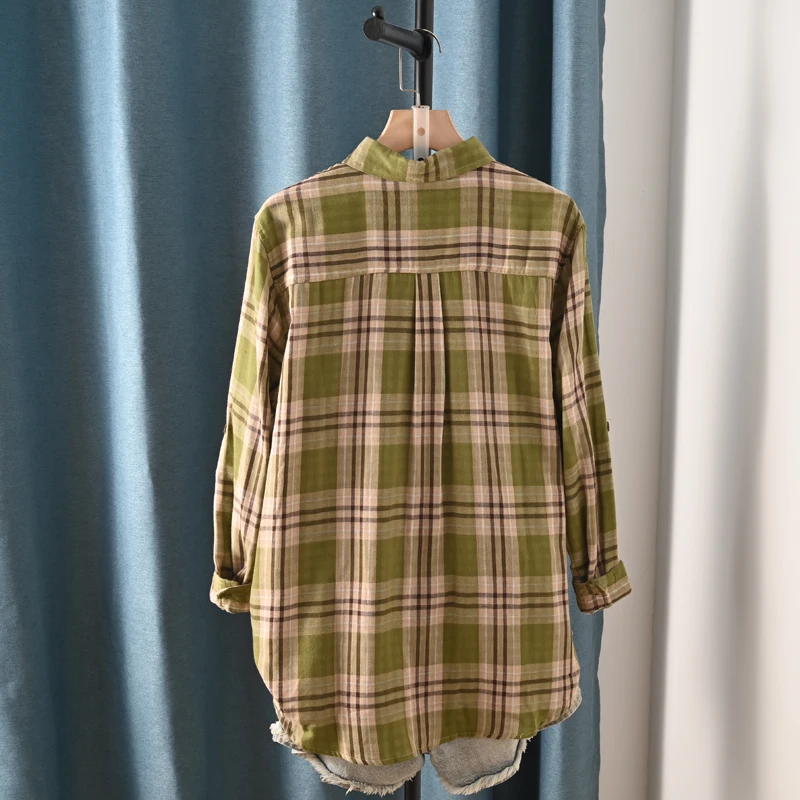 New Spring Cotton Long Sleeve Shirt, Women Lapel Embroidery Plaid Tops, Mori Girl Retro Casual Oversize Blouse, 2025 T4D717CC