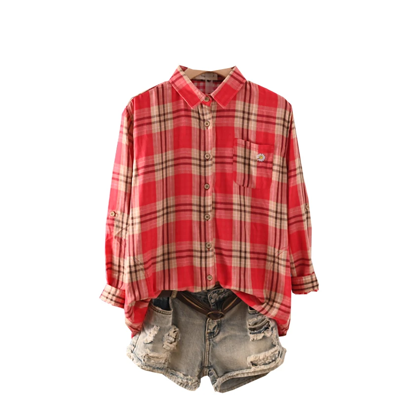 New Spring Cotton Long Sleeve Shirt, Women Lapel Embroidery Plaid Tops, Mori Girl Retro Casual Oversize Blouse, 2025 T4D717CC