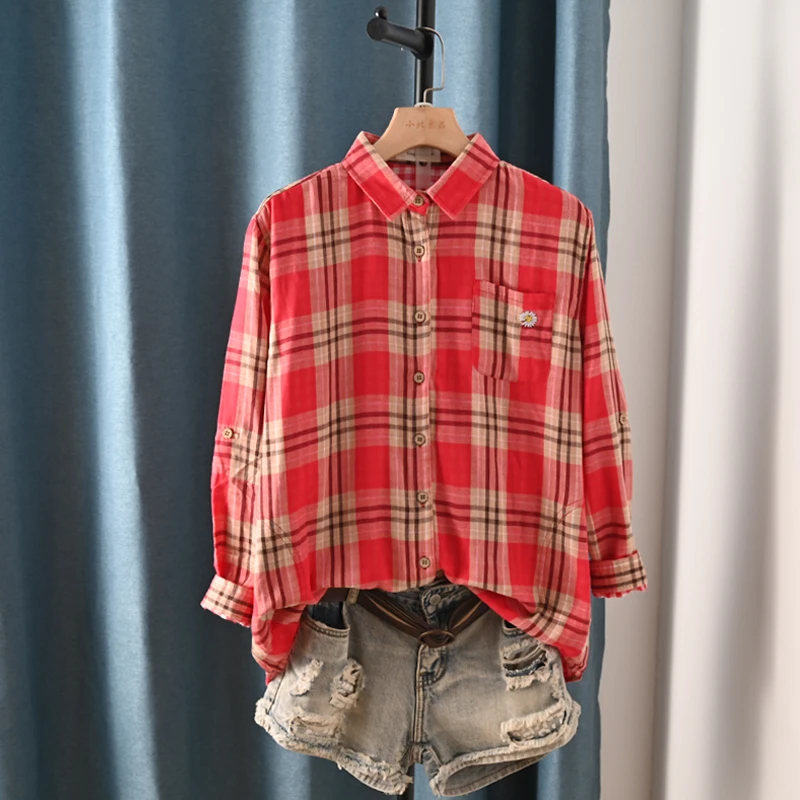 New Spring Cotton Long Sleeve Shirt, Women Lapel Embroidery Plaid Tops, Mori Girl Retro Casual Oversize Blouse, 2025 T4D717CC