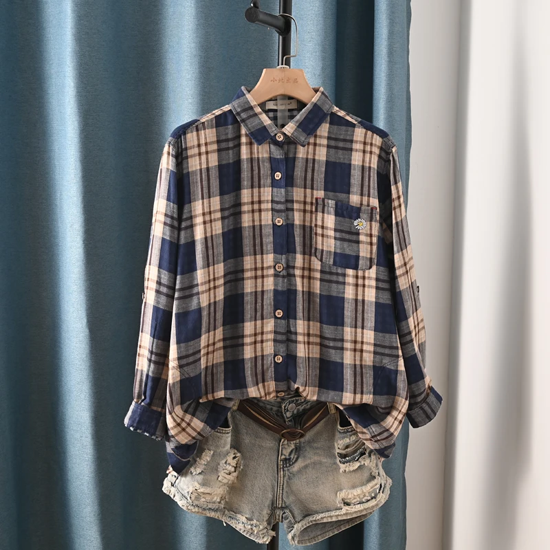 New Spring Cotton Long Sleeve Shirt, Women Lapel Embroidery Plaid Tops, Mori Girl Retro Casual Oversize Blouse, 2025 T4D717CC