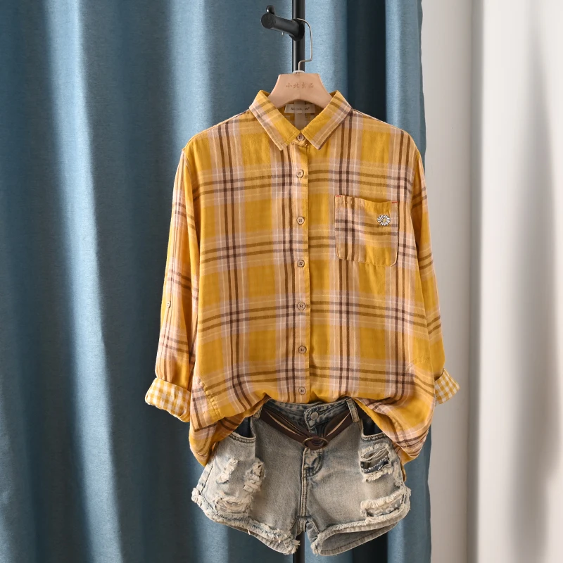 New Spring Cotton Long Sleeve Shirt, Women Lapel Embroidery Plaid Tops, Mori Girl Retro Casual Oversize Blouse, 2025 T4D717CC