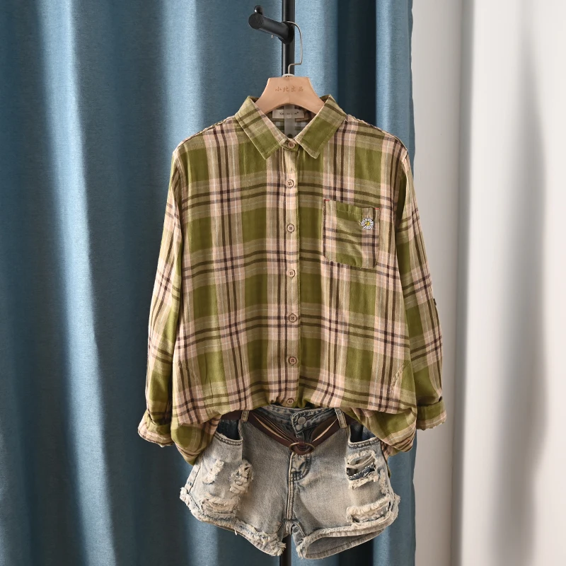 New Spring Cotton Long Sleeve Shirt, Women Lapel Embroidery Plaid Tops, Mori Girl Retro Casual Oversize Blouse, 2025 T4D717CC