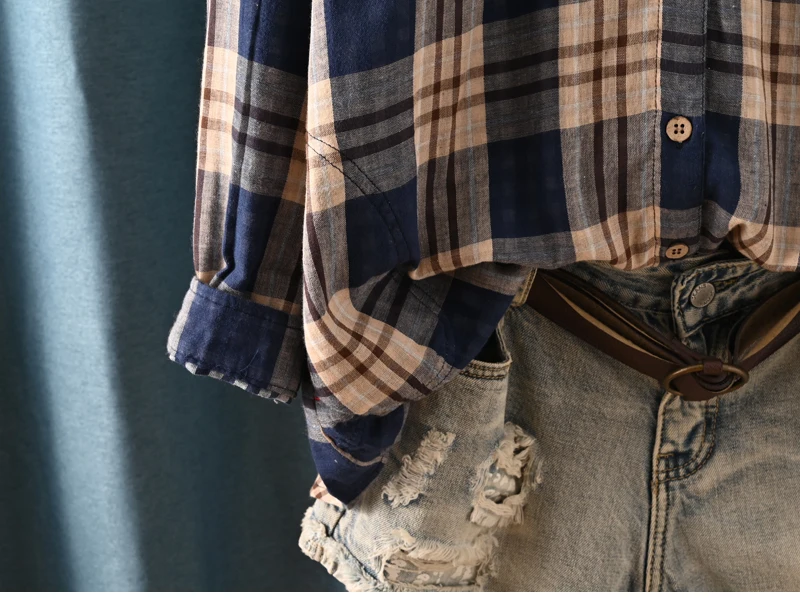 New Spring Cotton Long Sleeve Shirt, Women Lapel Embroidery Plaid Tops, Mori Girl Retro Casual Oversize Blouse, 2025 T4D717CC