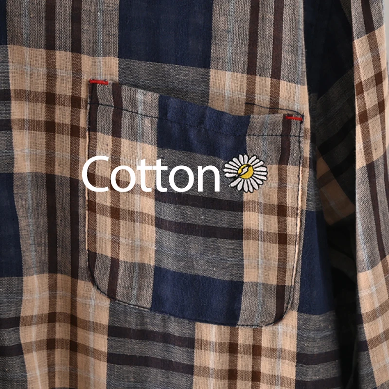 New Spring Cotton Long Sleeve Shirt, Women Lapel Embroidery Plaid Tops, Mori Girl Retro Casual Oversize Blouse, 2025 T4D717CC