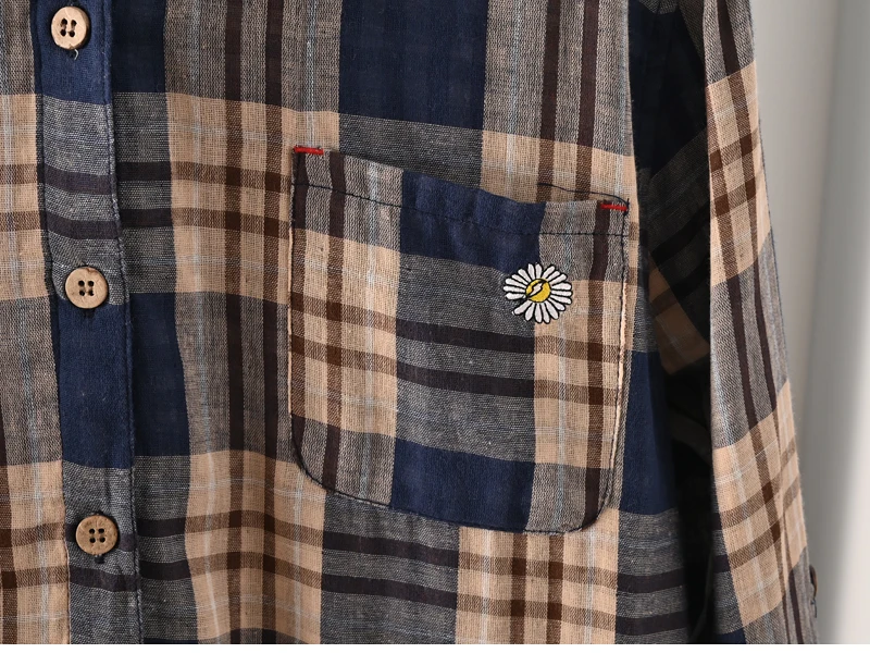 New Spring Cotton Long Sleeve Shirt, Women Lapel Embroidery Plaid Tops, Mori Girl Retro Casual Oversize Blouse, 2025 T4D717CC
