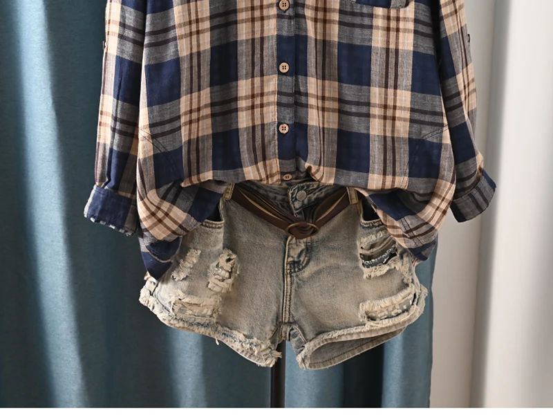 New Spring Cotton Long Sleeve Shirt, Women Lapel Embroidery Plaid Tops, Mori Girl Retro Casual Oversize Blouse, 2025 T4D717CC