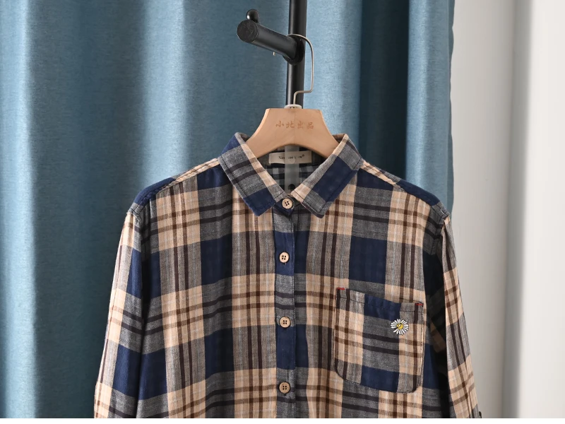New Spring Cotton Long Sleeve Shirt, Women Lapel Embroidery Plaid Tops, Mori Girl Retro Casual Oversize Blouse, 2025 T4D717CC