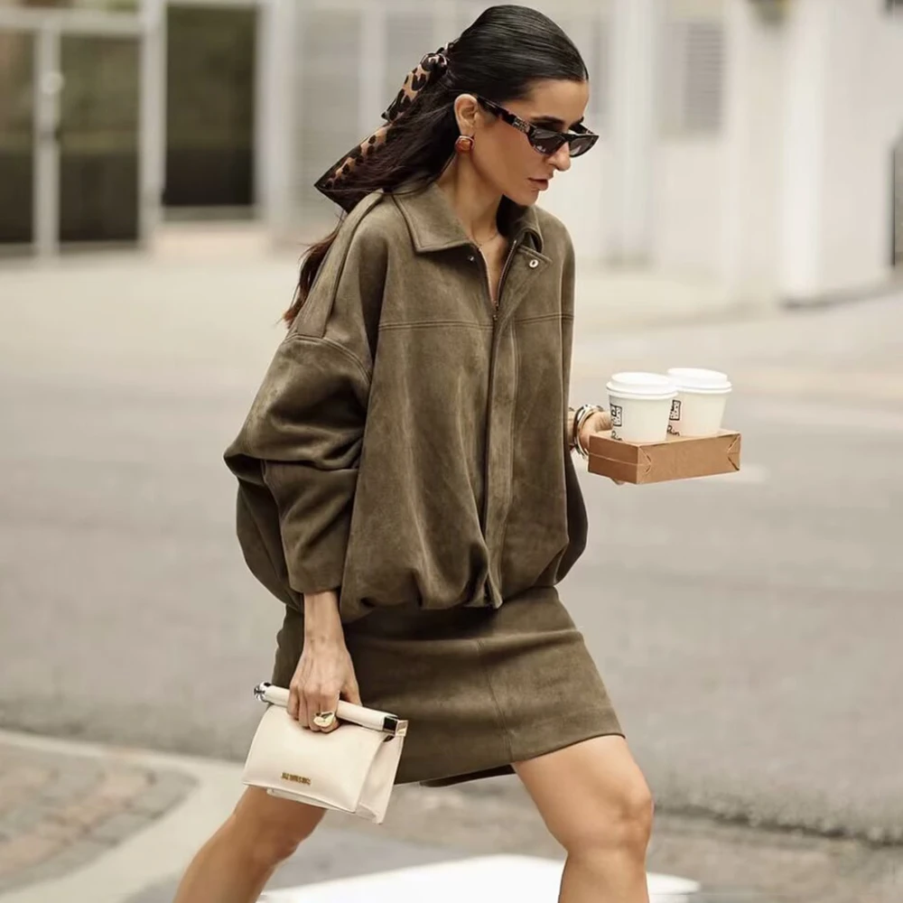 Talenza Women's Suede Jacket Vintage Brown Casual Oversized Collared Zip-Up New Autumn Streetwear Commuter Female Suede Outwear