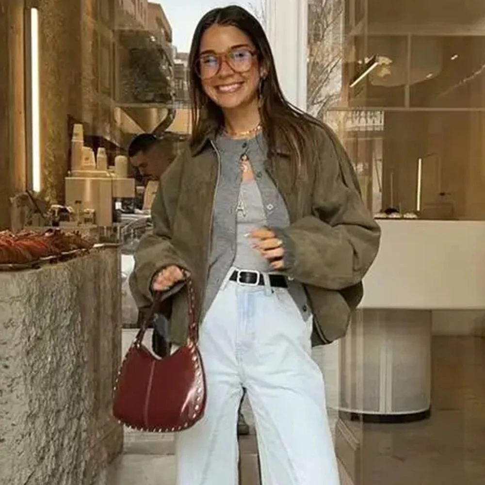Talenza Women's Suede Jacket Vintage Brown Casual Oversized Collared Zip-Up New Autumn Streetwear Commuter Female Suede Outwear