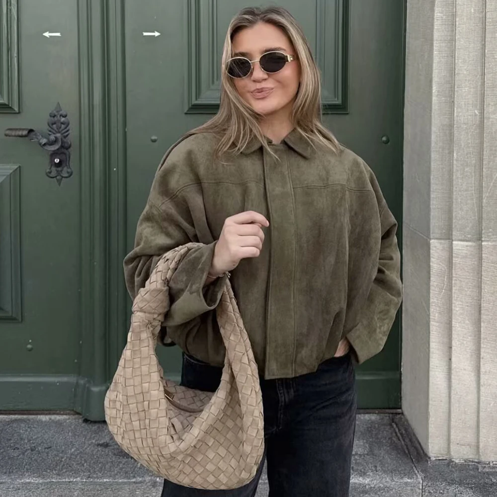 Talenza Women's Suede Jacket Vintage Brown Casual Oversized Collared Zip-Up New Autumn Streetwear Commuter Female Suede Outwear
