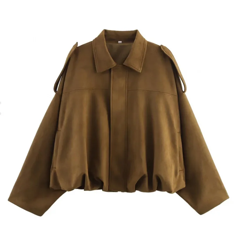 Talenza Women's Suede Jacket Vintage Brown Casual Oversized Collared Zip-Up New Autumn Streetwear Commuter Female Suede Outwear