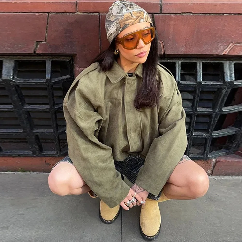 Talenza Women's Suede Jacket Vintage Brown Casual Oversized Collared Zip-Up New Autumn Streetwear Commuter Female Suede Outwear