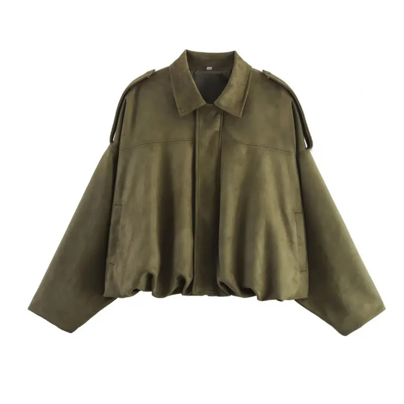 Talenza Women's Suede Jacket Vintage Brown Casual Oversized Collared Zip-Up New Autumn Streetwear Commuter Female Suede Outwear
