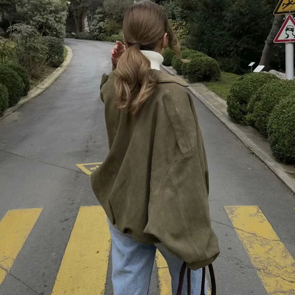 Talenza Women's Suede Jacket Vintage Brown Casual Oversized Collared Zip-Up New Autumn Streetwear Commuter Female Suede Outwear