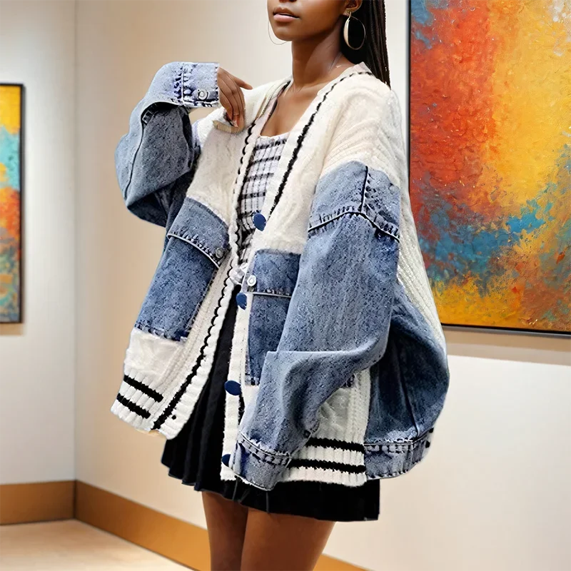 Fashion Trendy Women's Denim Pockets Patchwork Knit Cardigan Loose V-neck Long Sleeves Sweater Female 2025 Spring/Summe