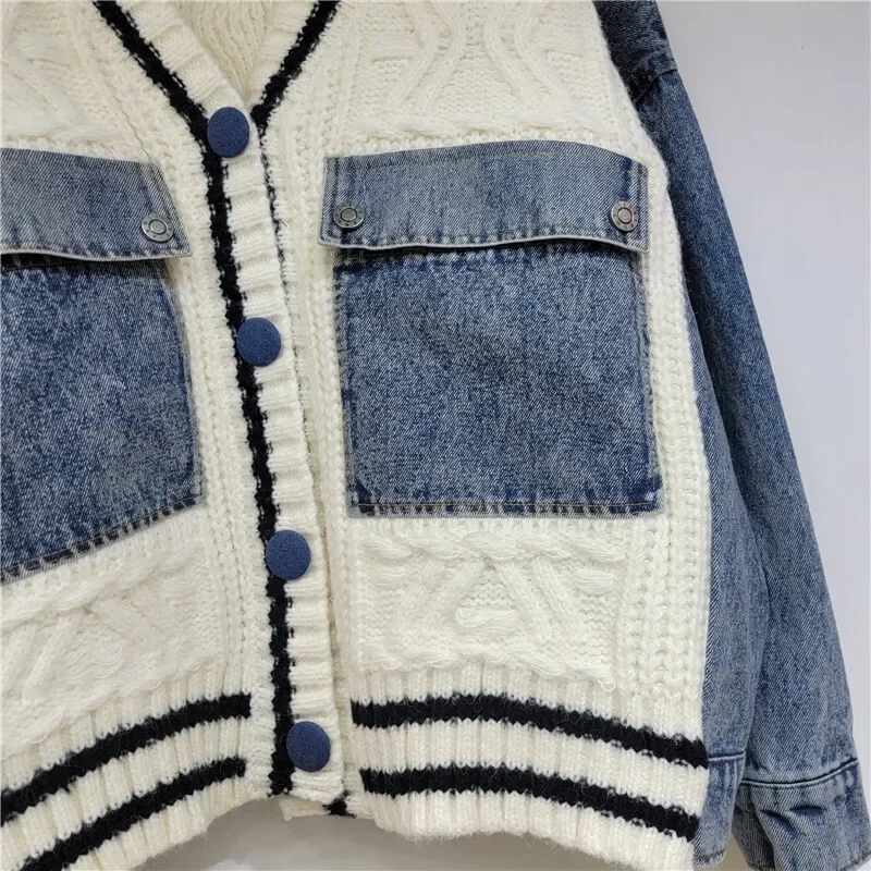 Fashion Trendy Women's Denim Pockets Patchwork Knit Cardigan Loose V-neck Long Sleeves Sweater Female 2025 Spring/Summe