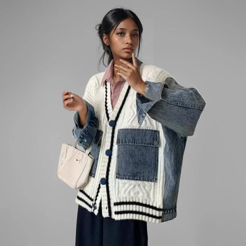 Fashion Trendy Women's Denim Pockets Patchwork Knit Cardigan Loose V-neck Long Sleeves Sweater Female 2025 Spring/Summe