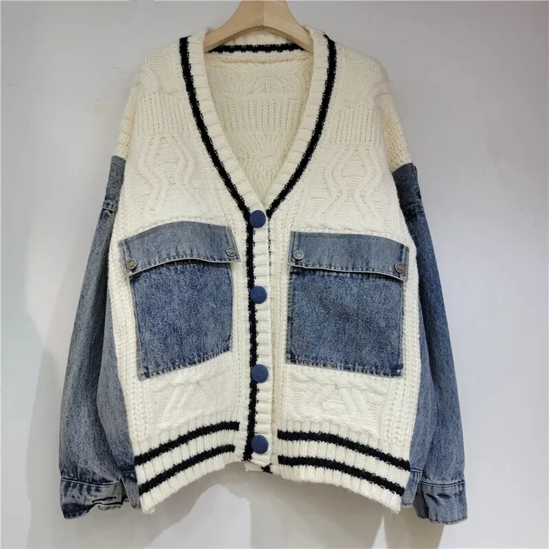 Fashion Trendy Women's Denim Pockets Patchwork Knit Cardigan Loose V-neck Long Sleeves Sweater Female 2025 Spring/Summe