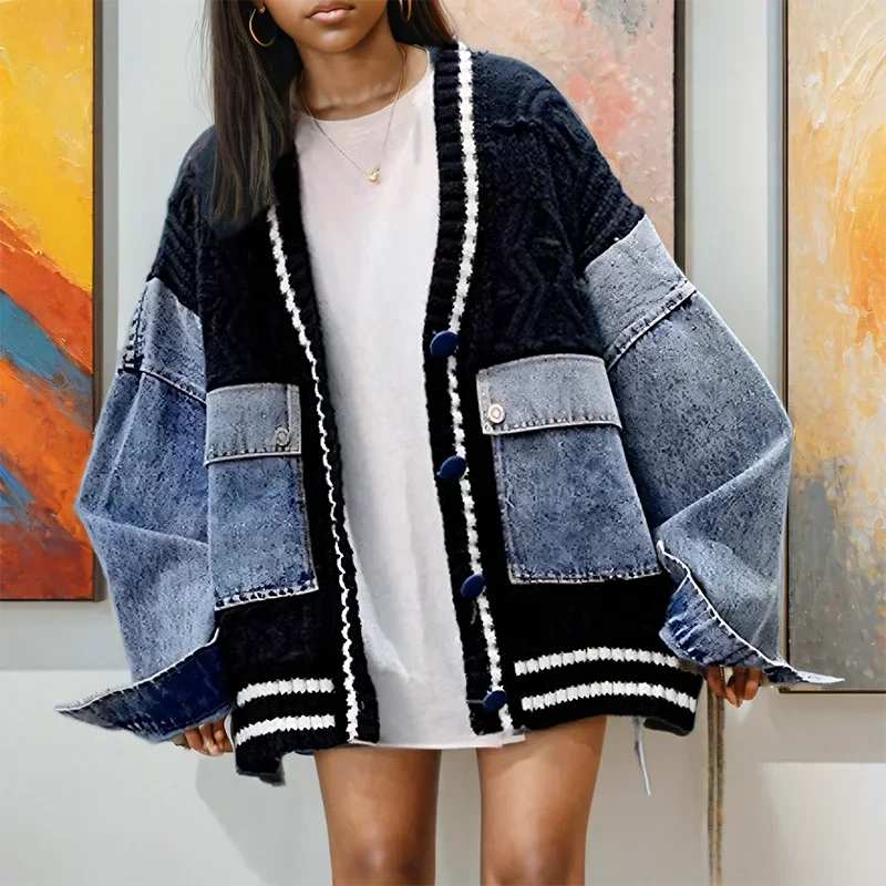 Fashion Trendy Women's Denim Pockets Patchwork Knit Cardigan Loose V-neck Long Sleeves Sweater Female 2025 Spring/Summe
