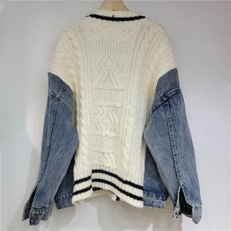 Fashion Trendy Women's Denim Pockets Patchwork Knit Cardigan Loose V-neck Long Sleeves Sweater Female 2025 Spring/Summe