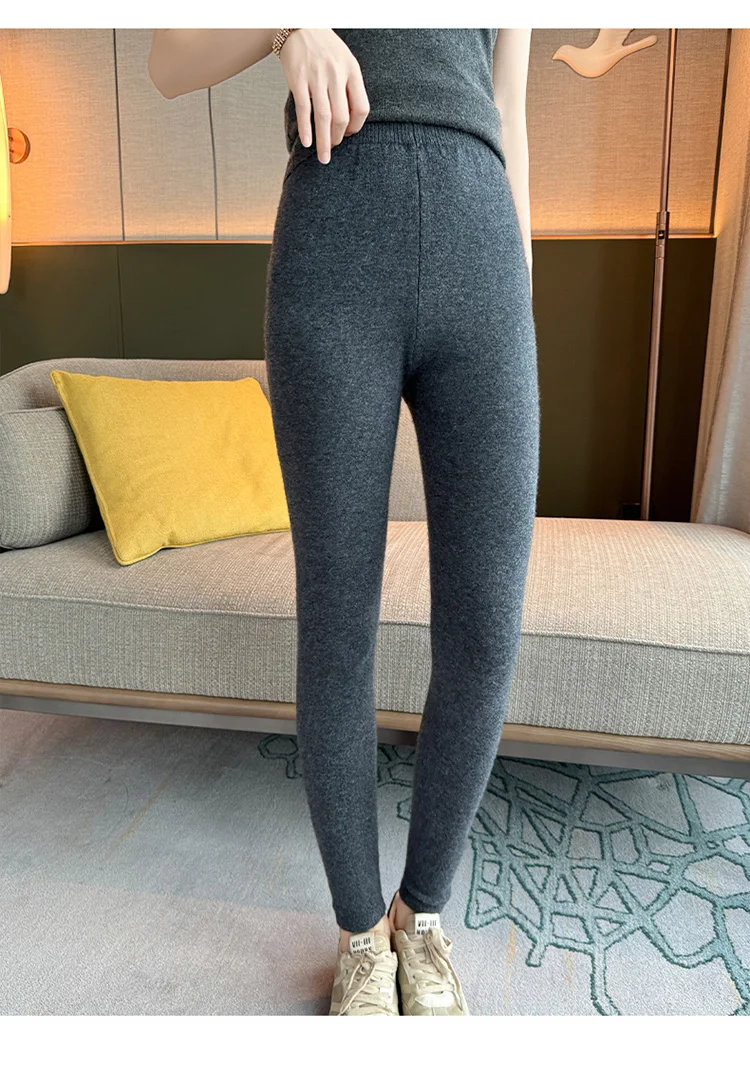 100% Cashmere Knitted Leggings Women Ins High Waist Casual Wool Korean Trousers Solid Thicken Elasticity Ankle-Length Pants HOT