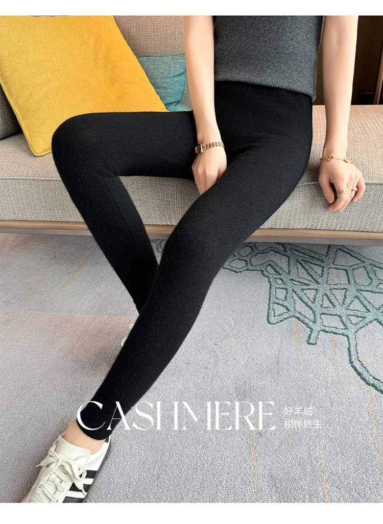 100% Cashmere Knitted Leggings Women Ins High Waist Casual Wool Korean Trousers Solid Thicken Elasticity Ankle-Length Pants HOT