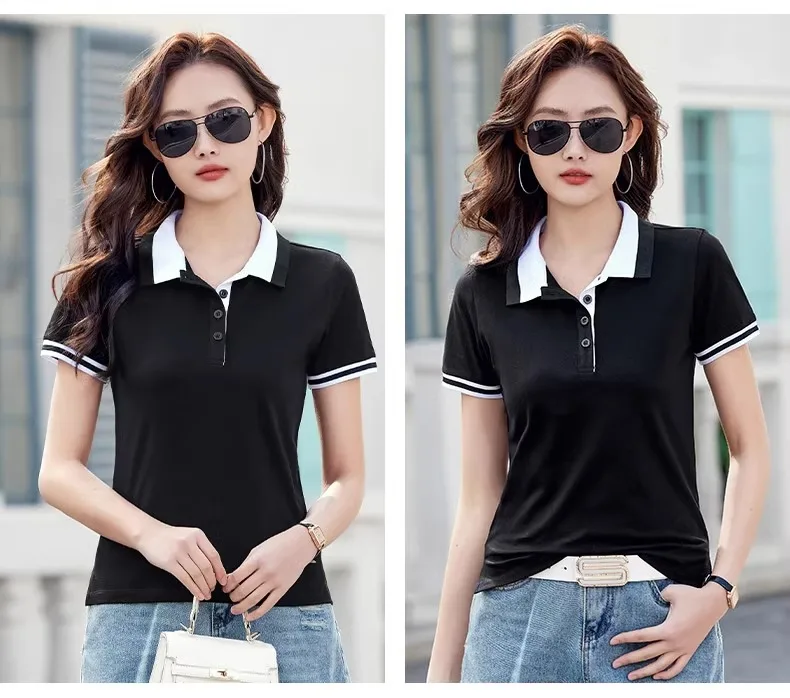 Green pure cotton polo shirt short sleeved T-shirt women's summer new item contrasting color lapel slim fit plus size sports top