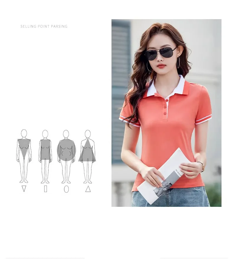 Green pure cotton polo shirt short sleeved T-shirt women's summer new item contrasting color lapel slim fit plus size sports top