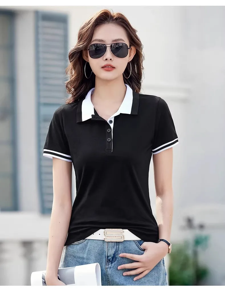 Green pure cotton polo shirt short sleeved T-shirt women's summer new item contrasting color lapel slim fit plus size sports top
