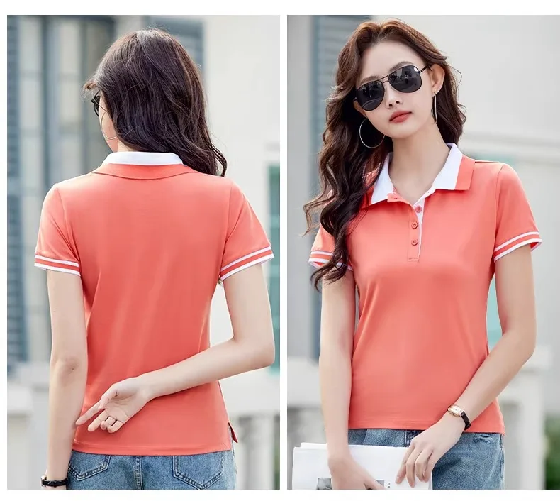 Green pure cotton polo shirt short sleeved T-shirt women's summer new item contrasting color lapel slim fit plus size sports top