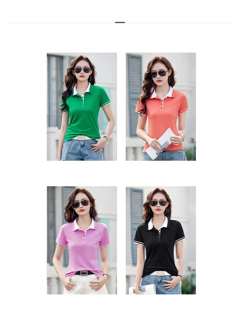 Green pure cotton polo shirt short sleeved T-shirt women's summer new item contrasting color lapel slim fit plus size sports top