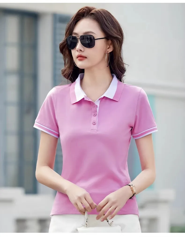 Green pure cotton polo shirt short sleeved T-shirt women's summer new item contrasting color lapel slim fit plus size sports top