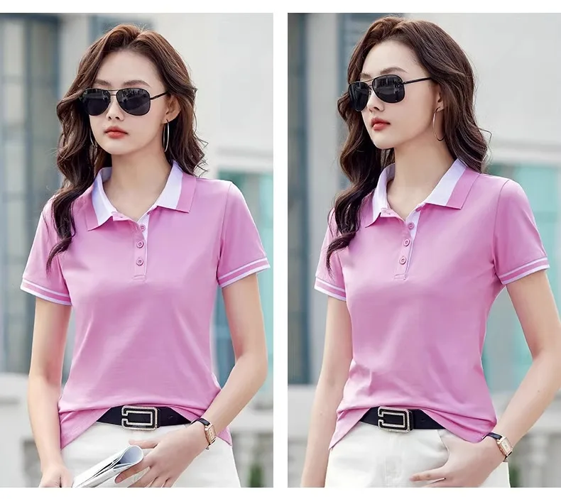 Green pure cotton polo shirt short sleeved T-shirt women's summer new item contrasting color lapel slim fit plus size sports top