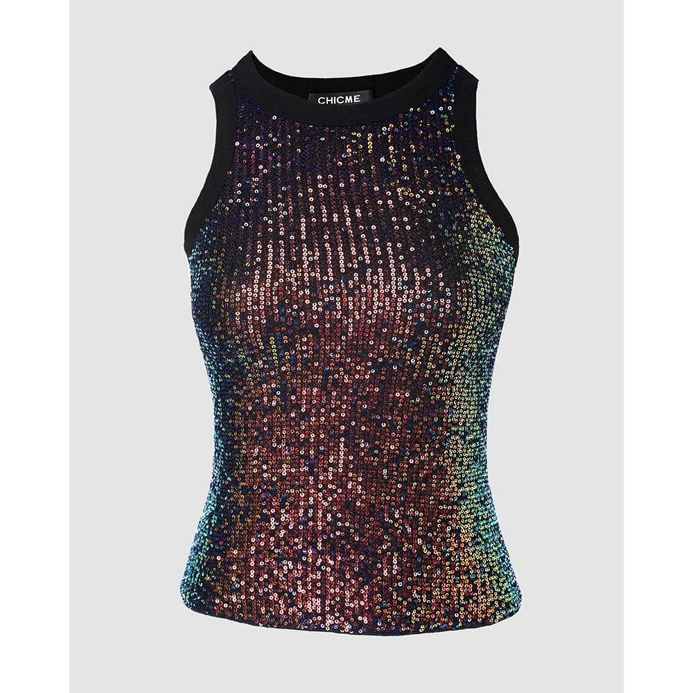 Women's U-Neck Allover Sequin O-neck Sleeveless Tank Tops Slim Fitted Shirt
