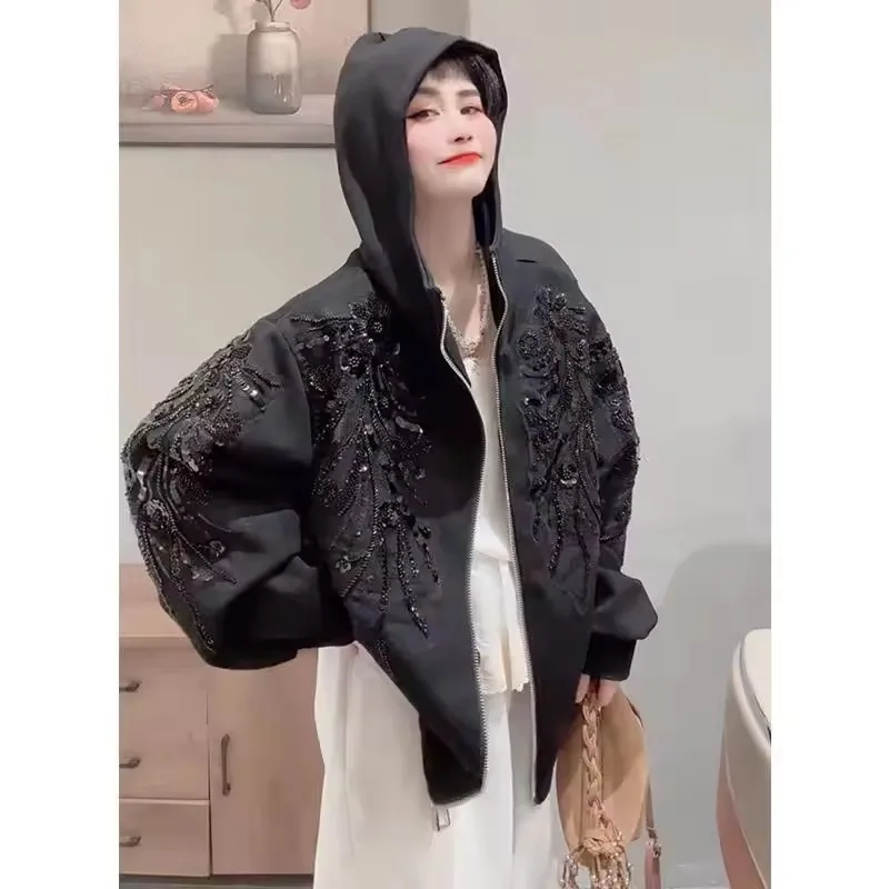 Fashion Flowers Embroidery Sequins Hooded Sweatshirt Jacket Floral Beading Zipper Cardigan Long Sleeve Hoodies Coat Streetwear