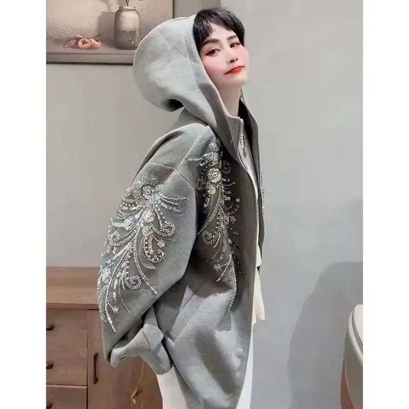 Fashion Flowers Embroidery Sequins Hooded Sweatshirt Jacket Floral Beading Zipper Cardigan Long Sleeve Hoodies Coat Streetwear